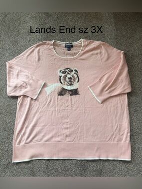 Lands' End Light Pink Crewneck Sweater with Bear Graphic and 3/4 sleeves sz 3x